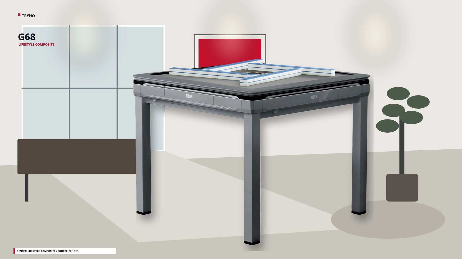 TRYHO automatic mahjong table in a designed entertainment-room setting